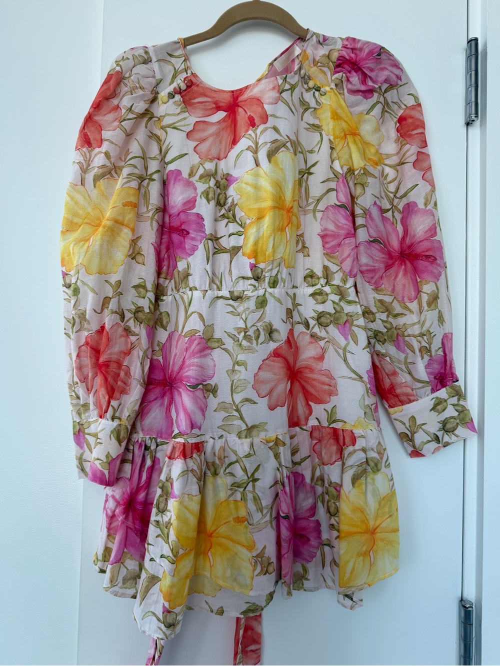 LoveShackFancy Floral Tie-Waist Mini Dress in Pink & Yellow - Picture 2 of 4
